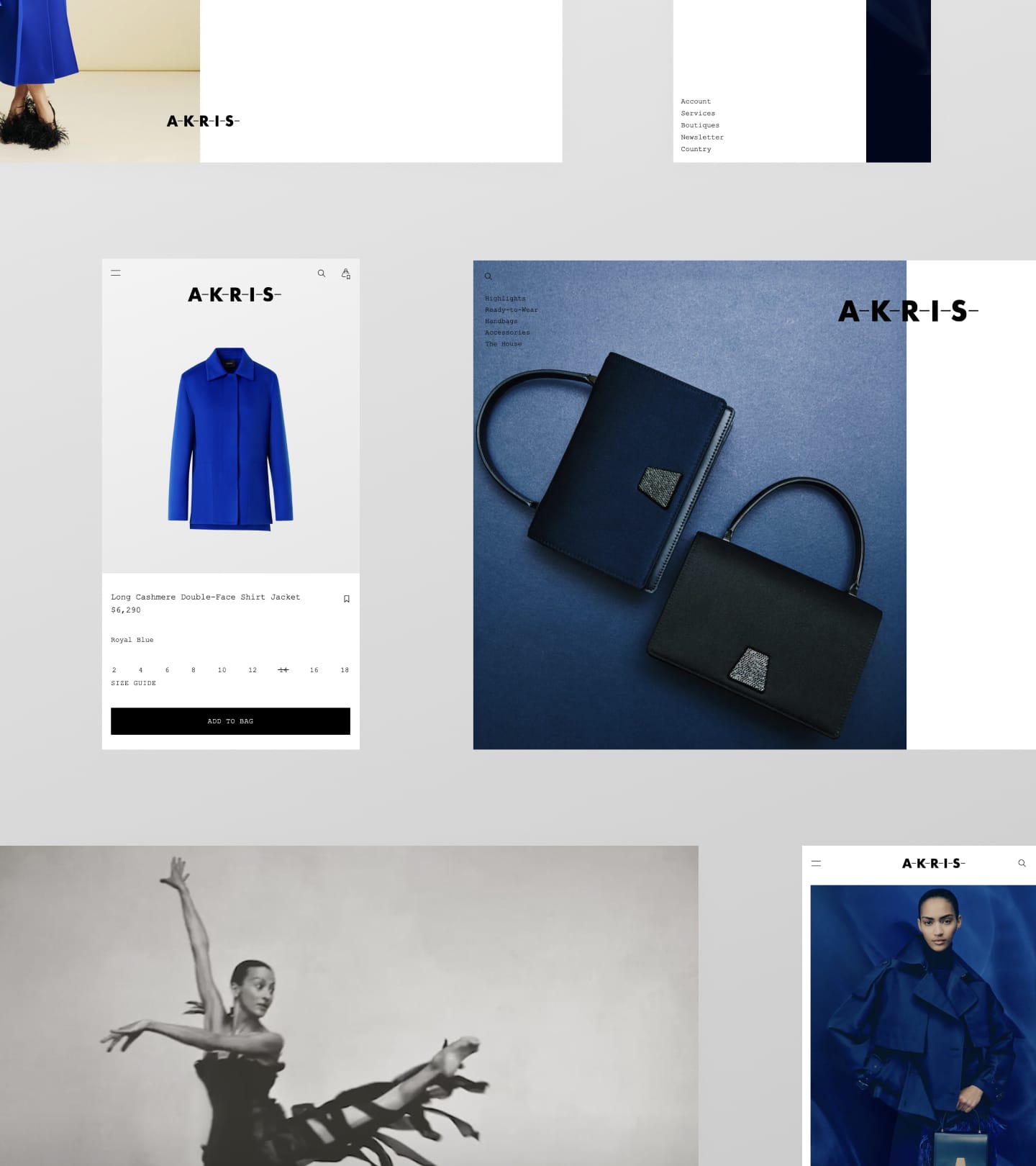 Collage featuring Akris fashion items: blue coat, handbags, ballet dancer, and website snippets with Akris branding.