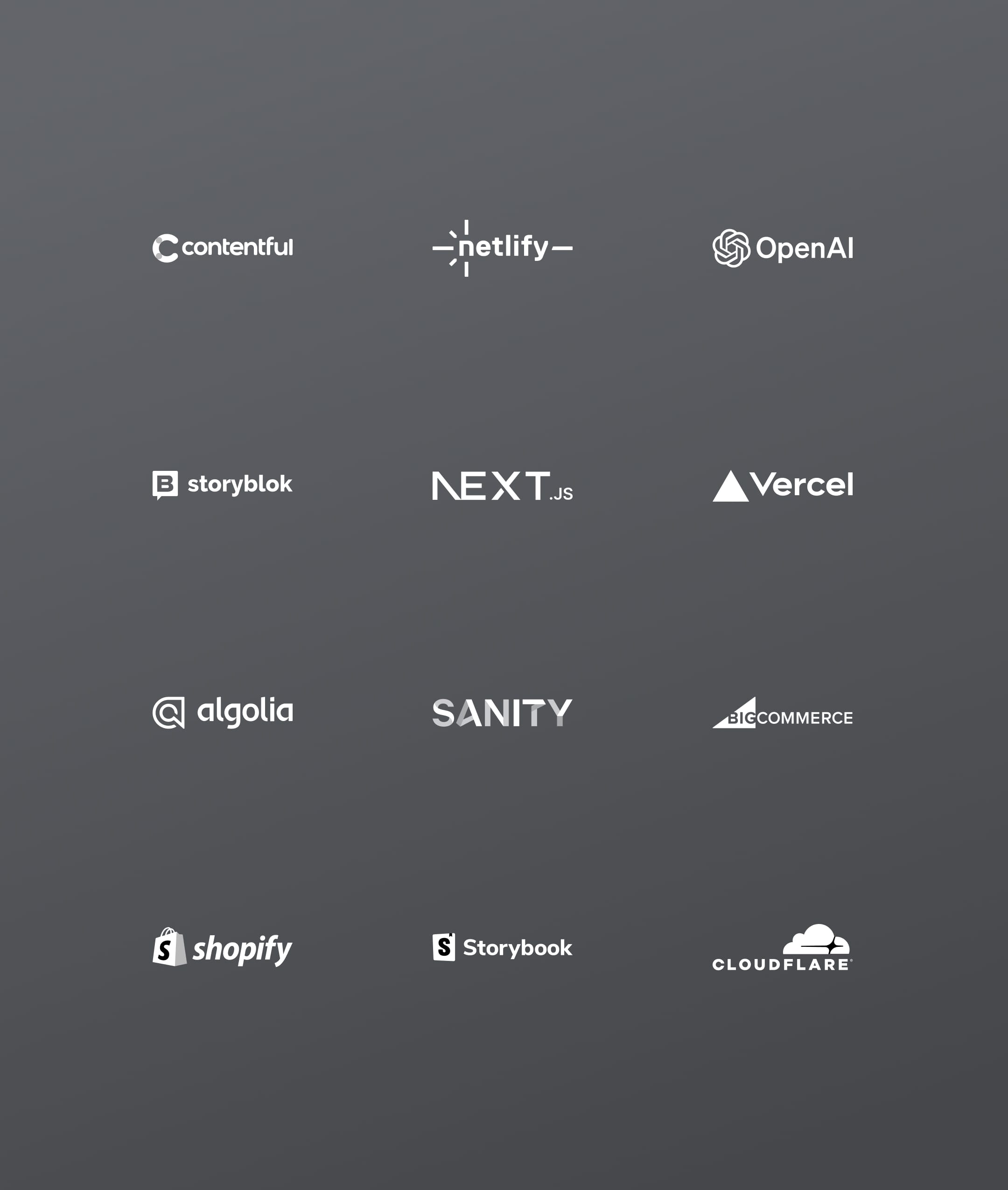 An overview of logotypes including Contentful, Netlify, OpenAI, Storyblok, NEXT.js, Vercel, Algolia, Sanity, BigCommerce, Shopify, Storybook, Cloudflare
