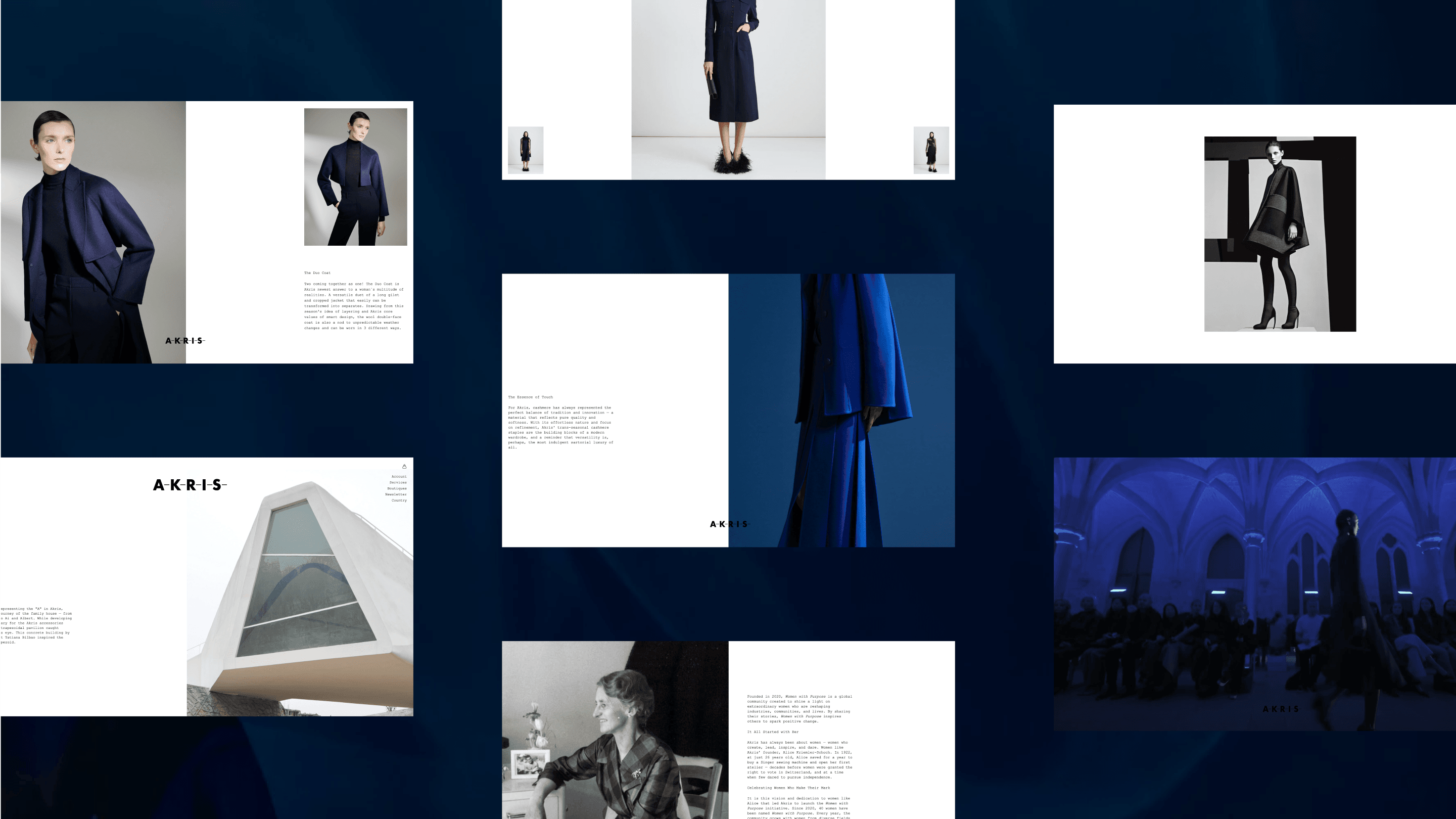 Collage of fashion images featuring models in elegant outfits, architectural elements, and abstract designs on a dark blue background.
