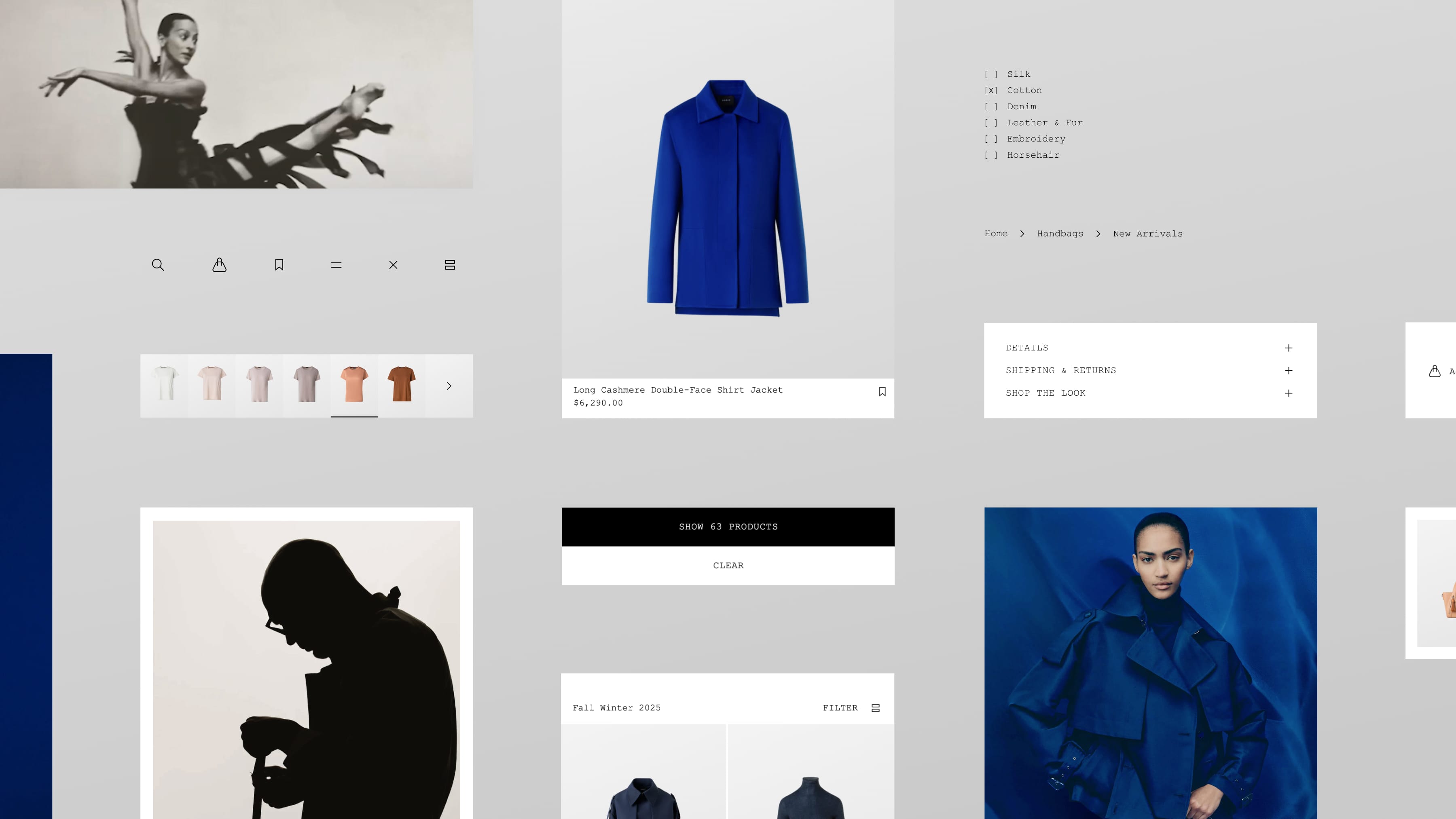 Collage of fashion elements: a blue jacket, models in stylish poses, and minimalist design elements on a gray background.