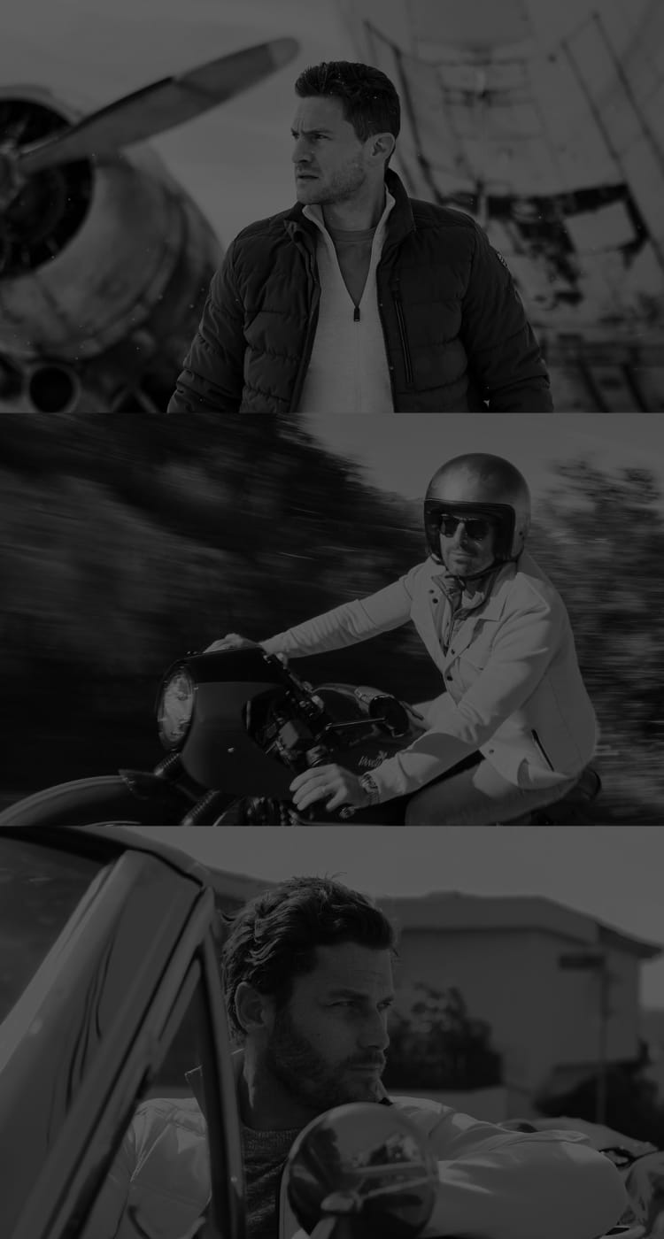 Collage of three men: one by an aircraft, another riding a motorcycle, and the third in a car, all looking contemplative.