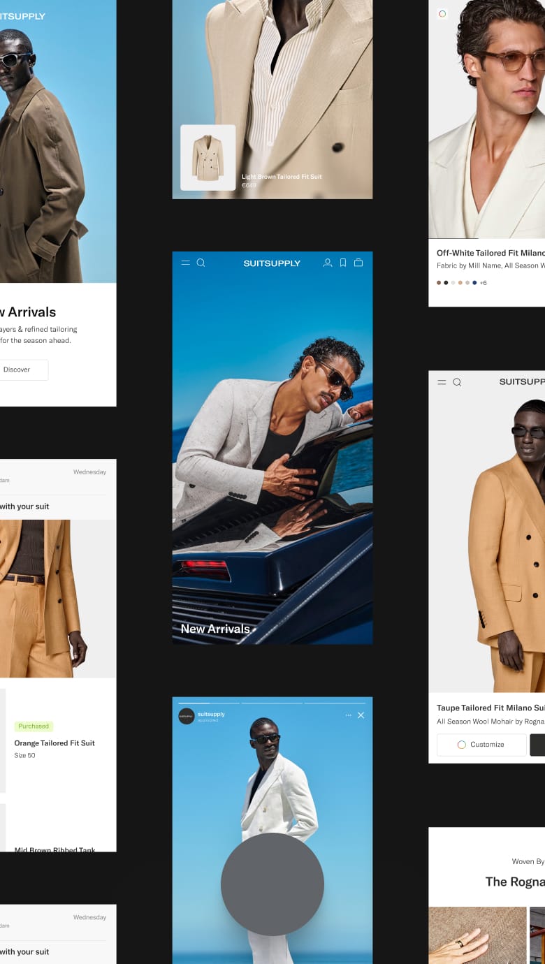 Collage of six fashion images featuring men in various tailored suits in light colors, set against sunny, outdoor backgrounds.