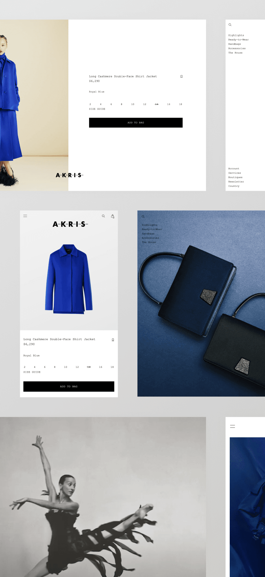 Collage of a blue outfit, handbags, and a black-and-white photo of a dancer. Includes website layout with text and buttons.