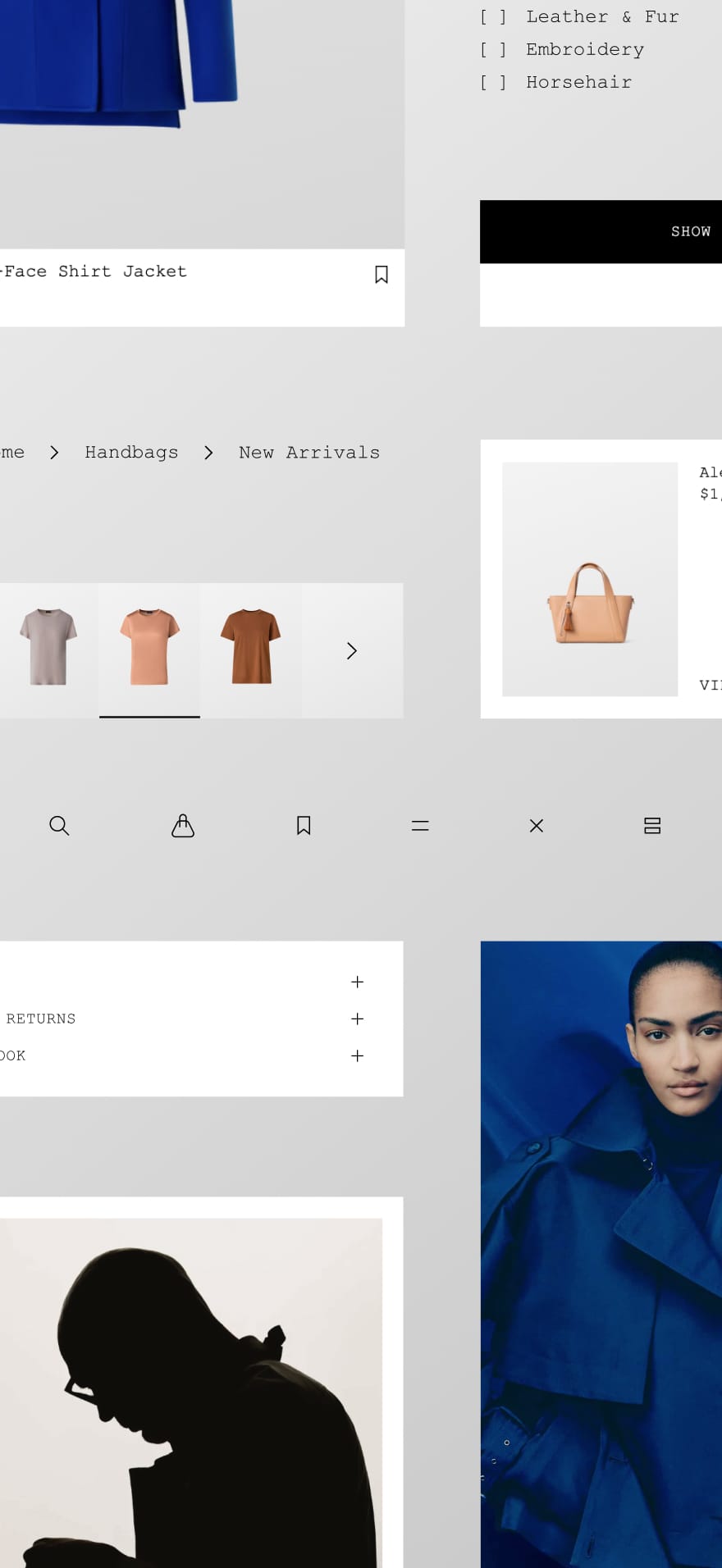 Collage of fashion website elements with clothing items, a handbag, and a silhouette of a person wearing glasses.