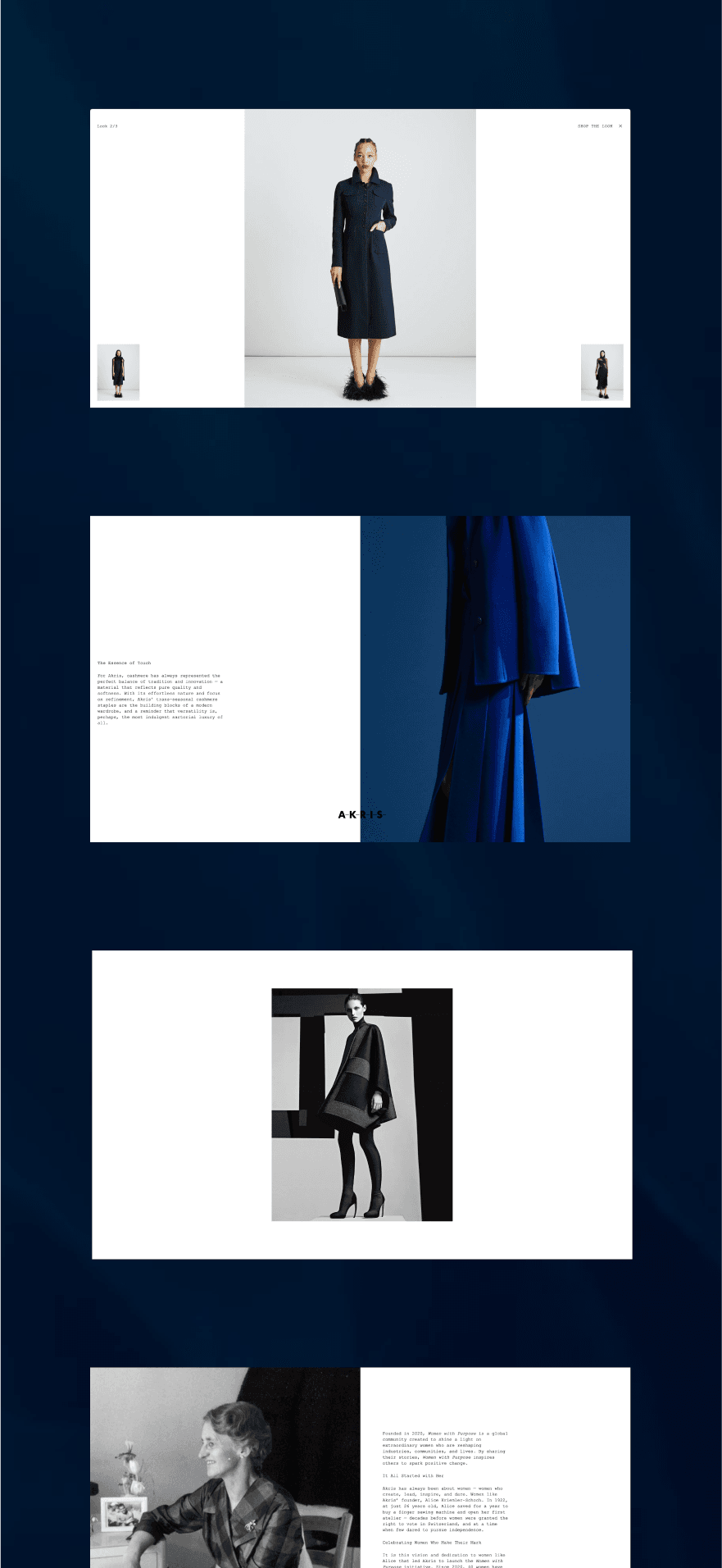 A fashion website layout with models in elegant outfits, featuring bold typography and a minimalist design in blue and white tones.